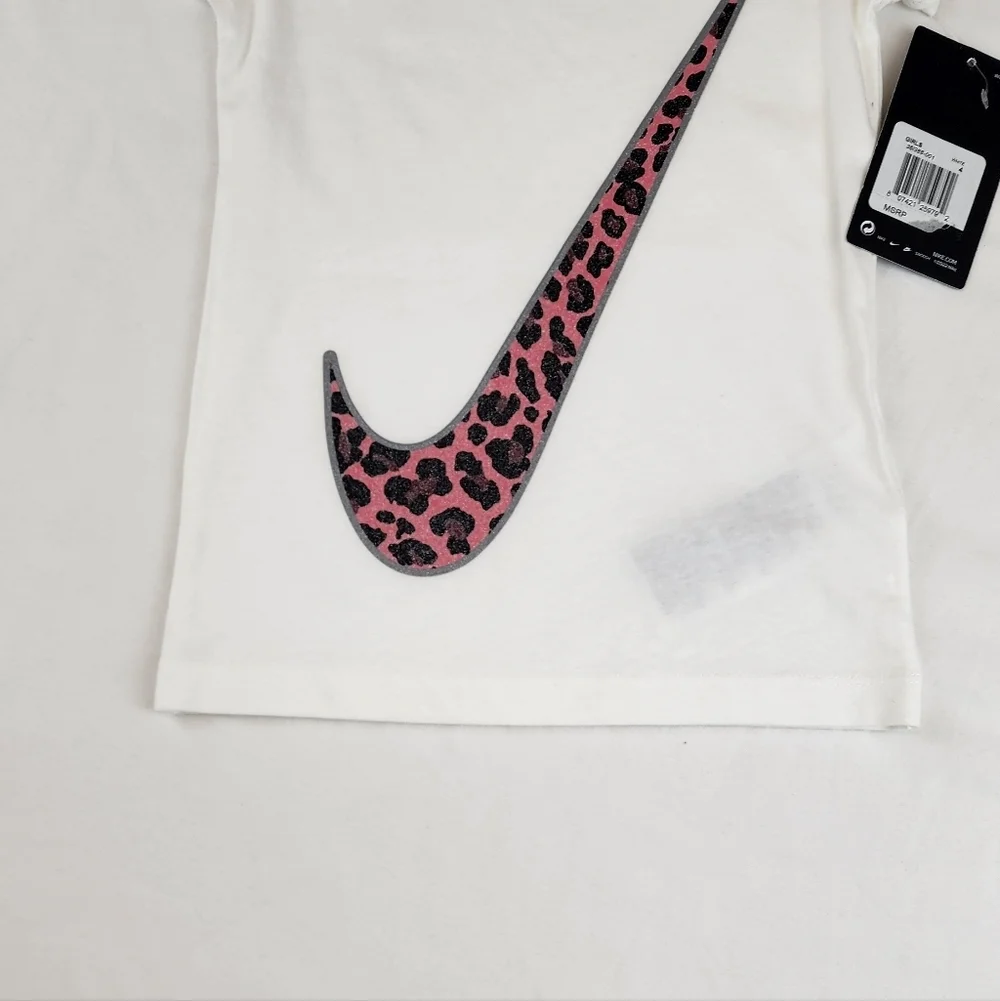 Nike White T-Shirt with Pink Leopard Swoosh